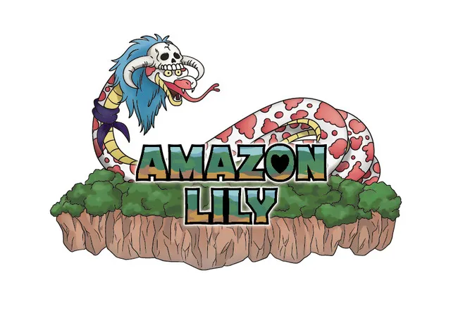 Illustration of a large snake-like creature with a skull-like face and a blue mane coiled on a floating island of greenery and earth, with text 'AMAZON LILY' in bold letters.