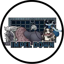 Impel down area | Impel Down prison gate with characters from One Piece including a large bear and a man in chains.