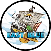 East blue area | Illustration of a pirate ship with a skull flag and the text East Blue below it.