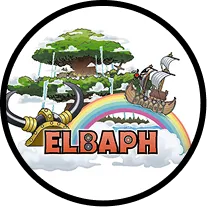 Elbaph area | Logo with a Viking helmet, the word ELBAPH, a rainbow, a flying ship with sails, and a floating tree island.