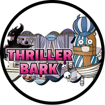 Thriller Bark area | Thriller Bark logo with cartoon mummy character and Halloween-themed background elements.
