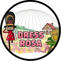 Dress rosa area | Logo with a girl in a pink dress holding a sign that says SOL, with sunflowers, a house, flowers, and text Dress Rosa.