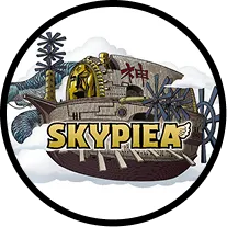 Skypiea area | Illustration of a flying ship with sails and gears, labeled 'SKYPIEA' in large letters.