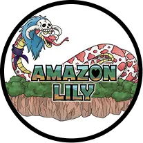 Amazon lily area | Illustration of a skeleton snake with blue hair and a red patterned tail above green leaves and the text 'Amazon Lily'.