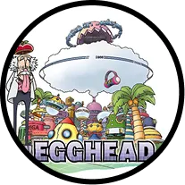Egghead area | Colorful cartoon scene with palm trees, buildings, a large cloud with a face, and the word EGGHEAD in bold letters.