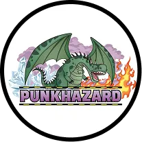 Punkhazard area | Green dragon with large wings breathing ice and fire above the text Punkhazard.