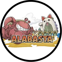 Alabasta area | Cartoon crab and owl characters sitting behind the word Alabasta on a sandy surface.