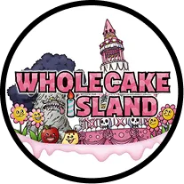 Wholecake island area | Colorful Wholecake Island logo featuring cartoon cakes, flowers, fruits, and a tower with pink text.