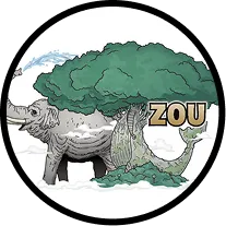 Zou area | Illustration of a creature with a rhinoceros body and a large tree on its back with the word ZOU.