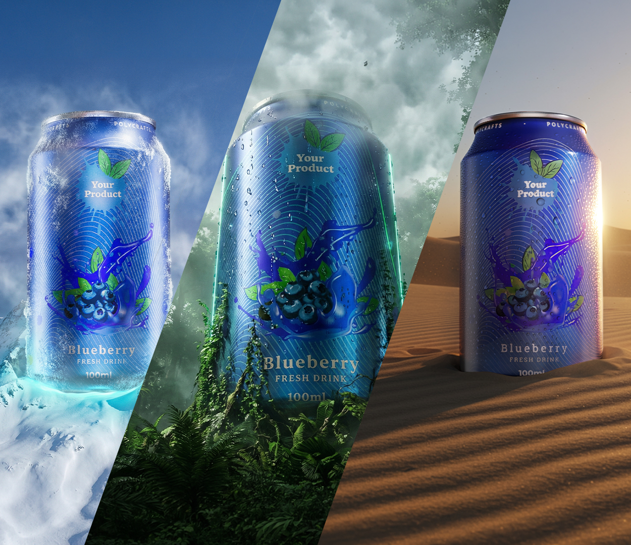 Three angled views of a blue blueberry fresh drink can with drops and leaves, set in icy, forest, and desert environments.