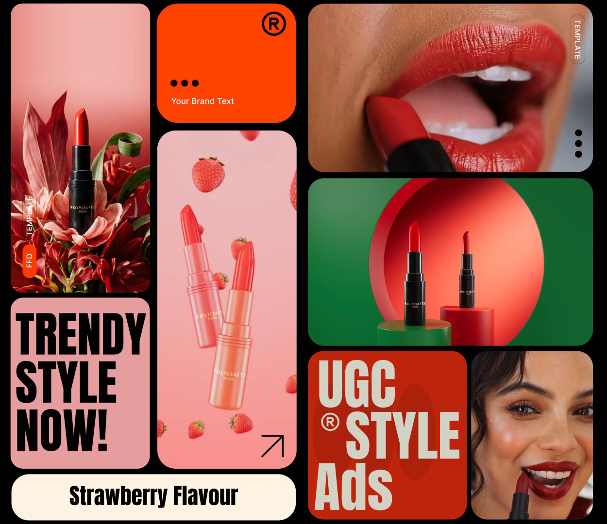 Collage of red and pink lipsticks, close-ups of lips applying red lipstick, and a smiling woman wearing dark burgundy lipstick, with text promoting trendy strawberry-flavored lipstick style.