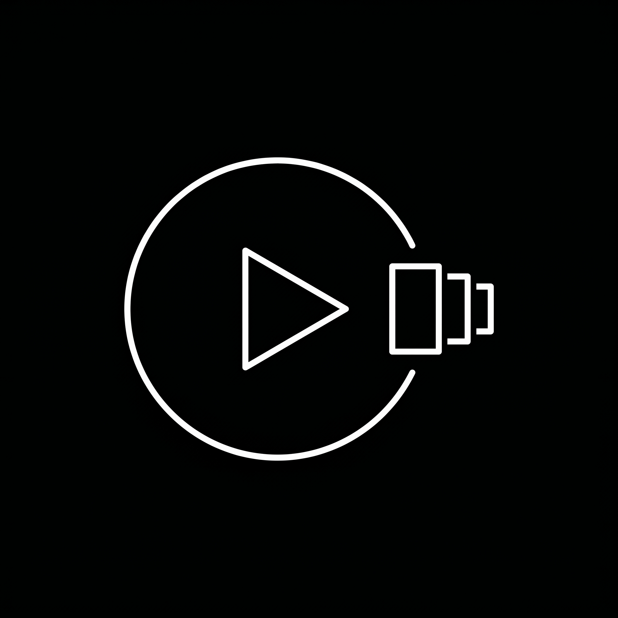 White outline of a play button inside a circle on black background with a video camera icon on the right side.