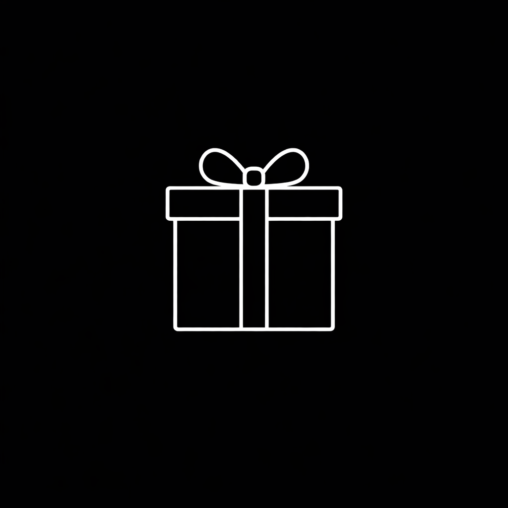White line drawing of a gift box with a bow on a black background.
