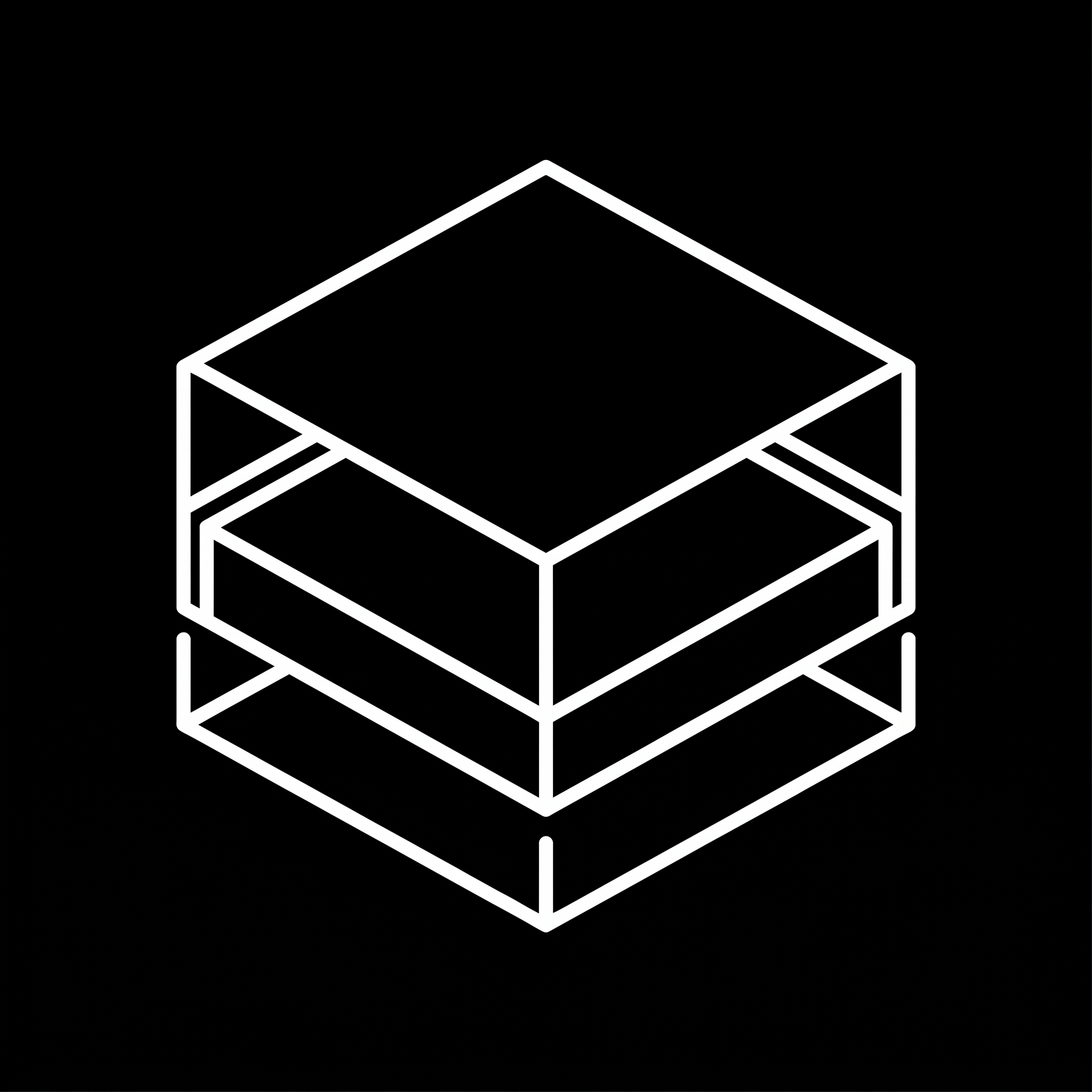 White outline of a 3D layered cube icon on a black background.