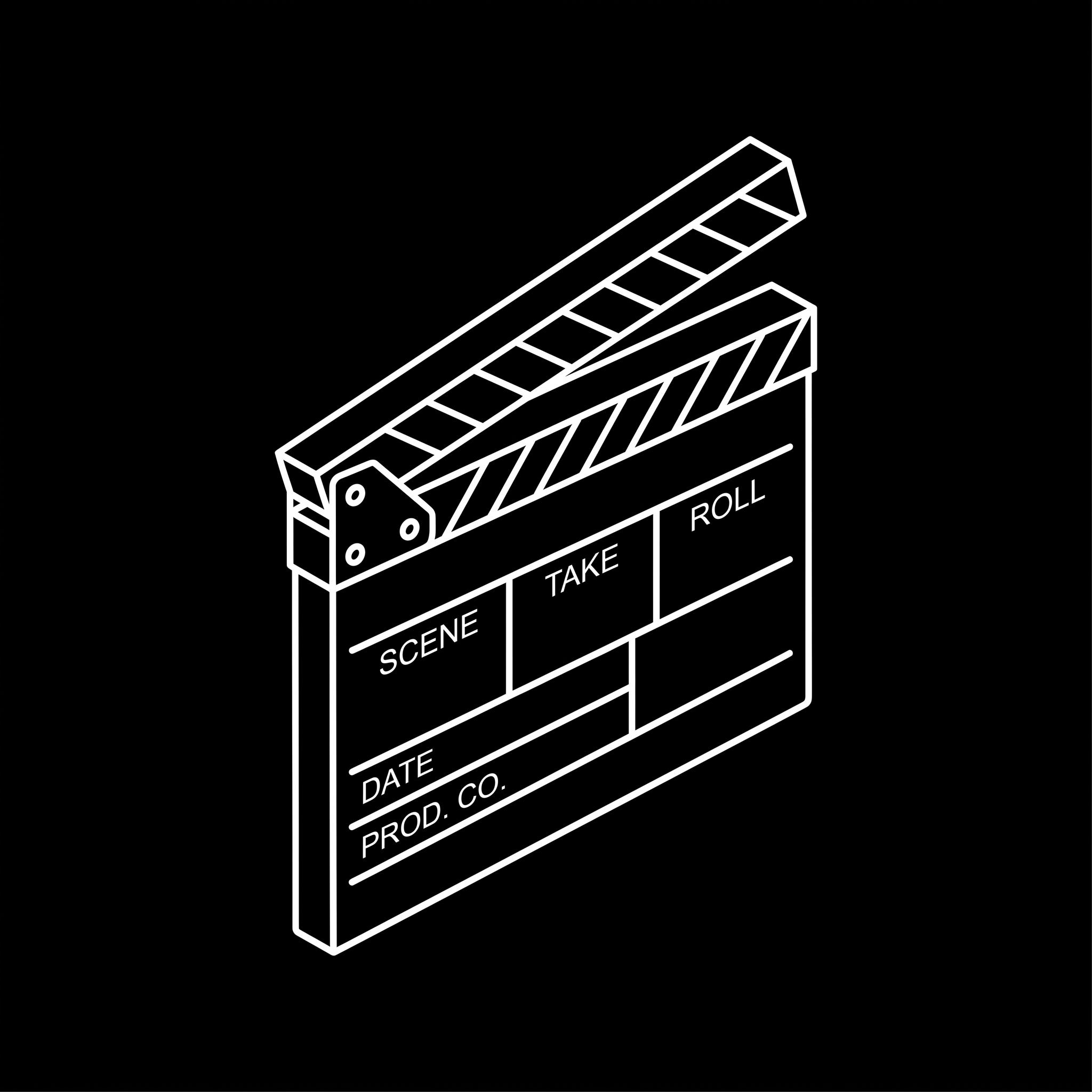 White outline illustration of a movie clapperboard with sections labeled Scene, Take, Roll, Date, and Prod. Co. on a black background.