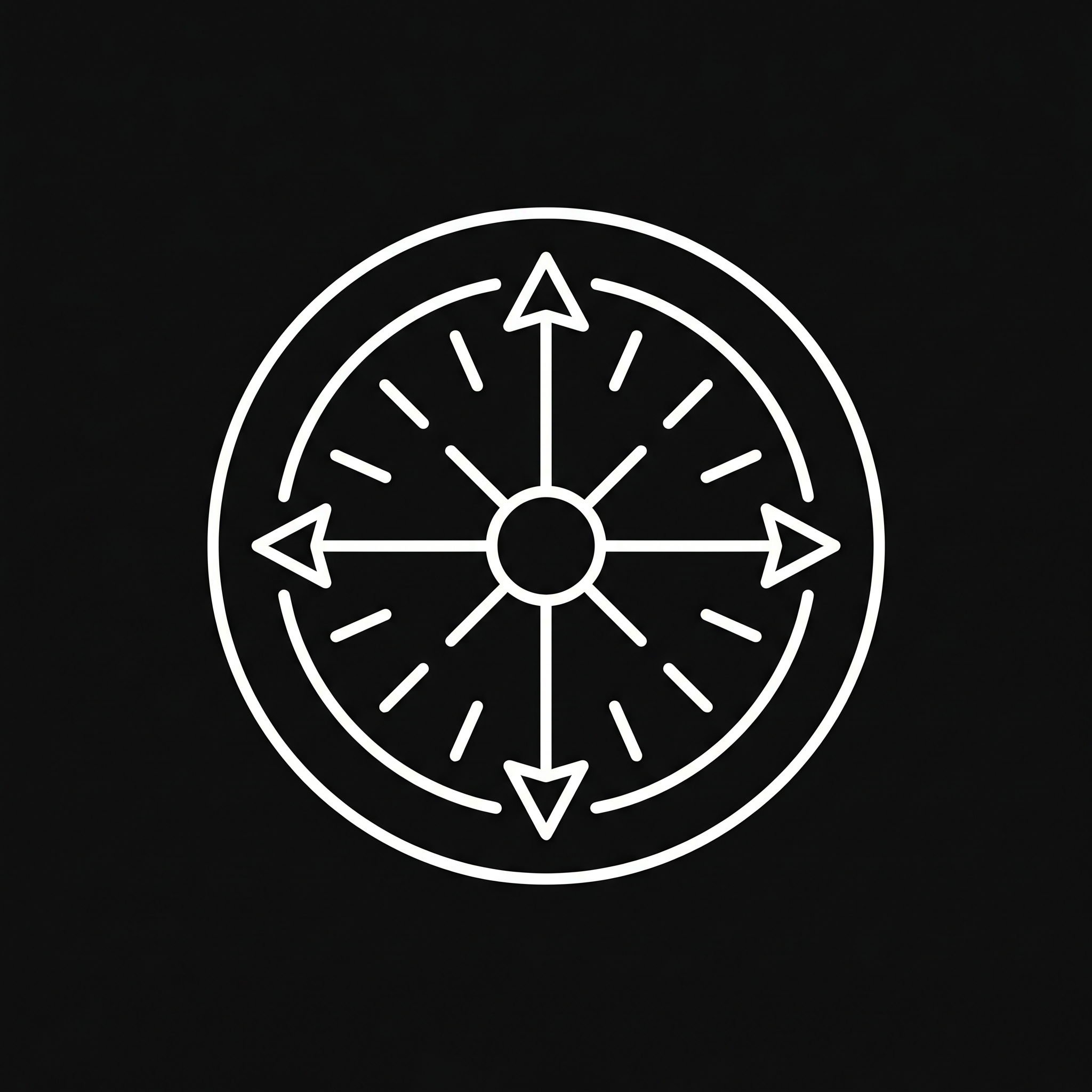 White compass icon with four main directional arrows on a black background.