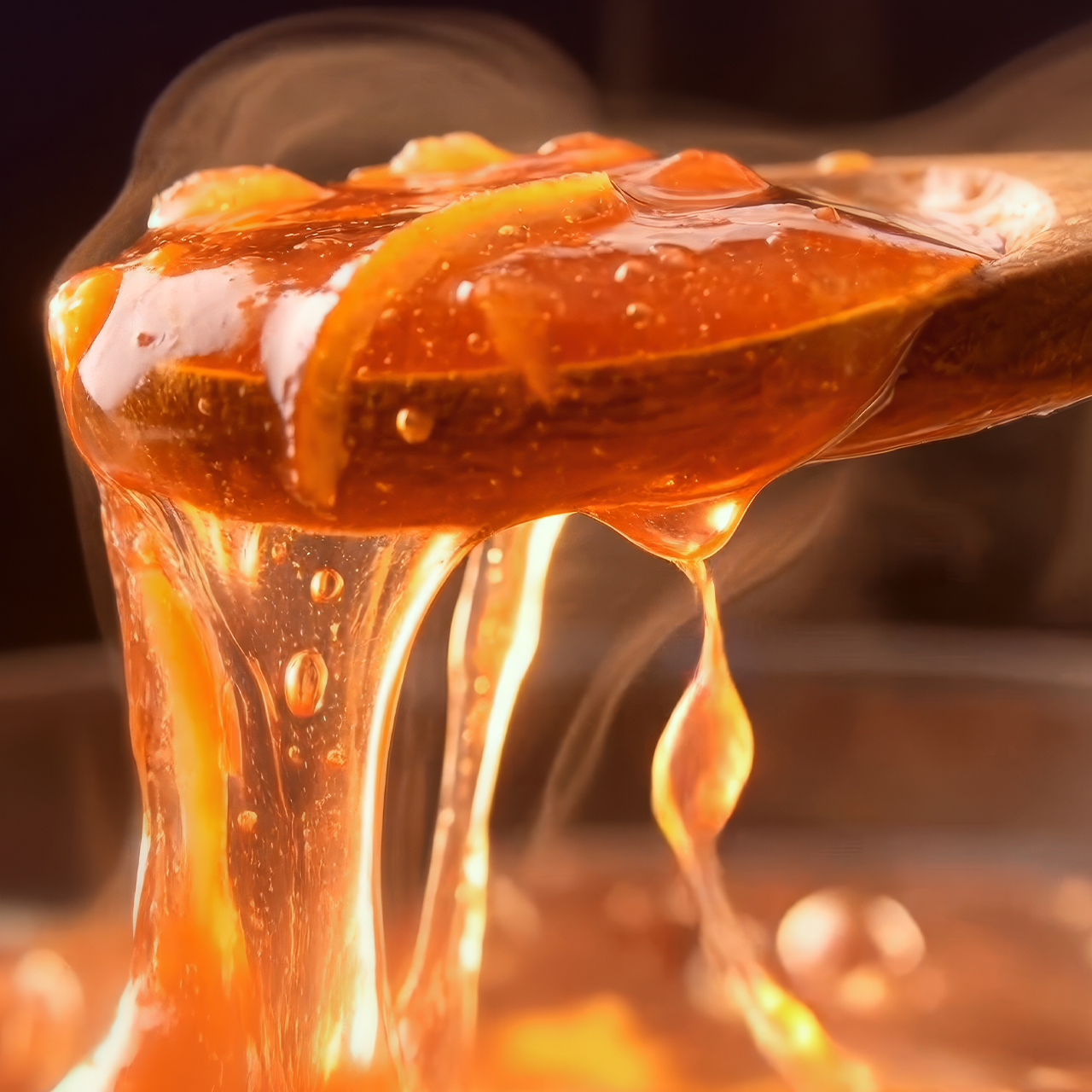 Close-up of a wooden spoon dripping orange marmalade with visible fruit peel pieces.