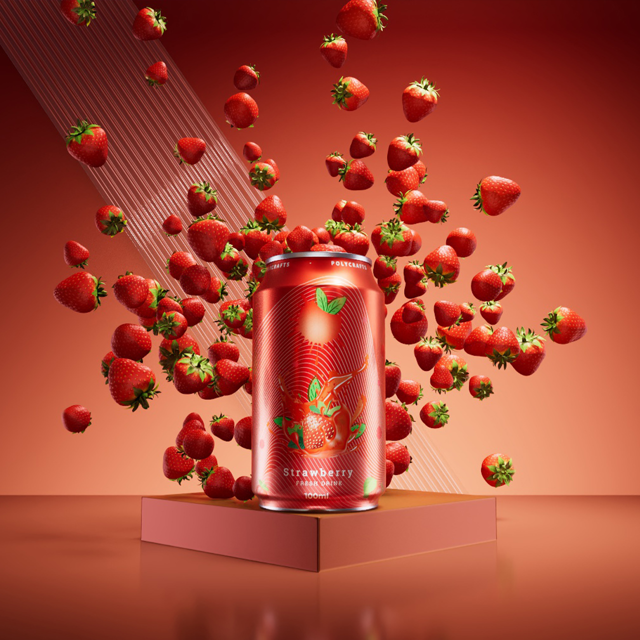 Red can of strawberry-flavored fresh drink surrounded by floating strawberries on a red platform.