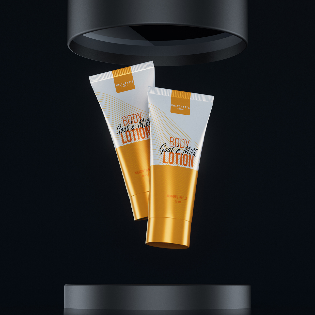 Two tubes of Polycrafts Studios Goat's Milk Body Lotion with white and gold packaging floating against a dark background.