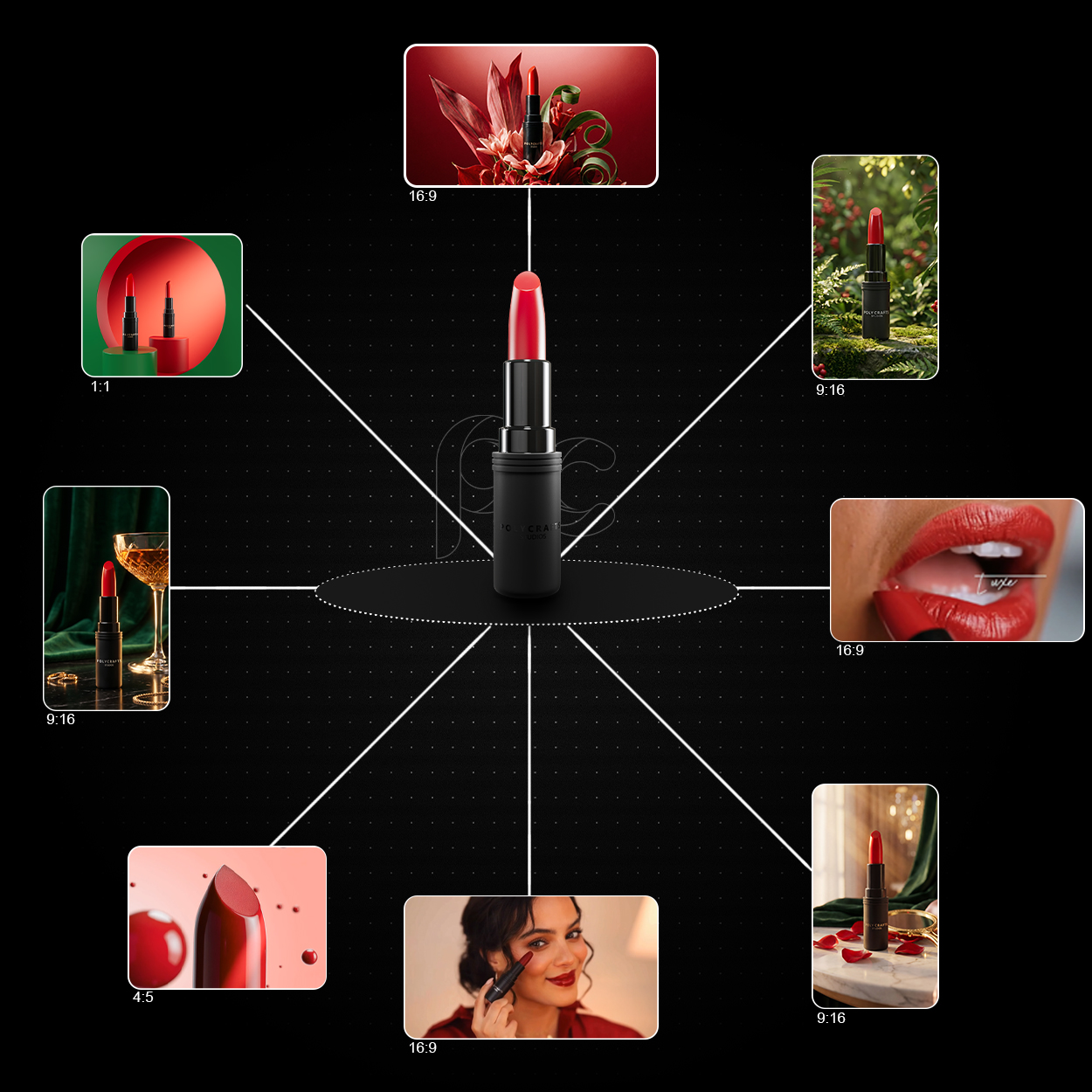 Central red lipstick with surrounding images showing different lipstick poses, including close-ups, nature background, and application on a woman’s lips and cheeks.