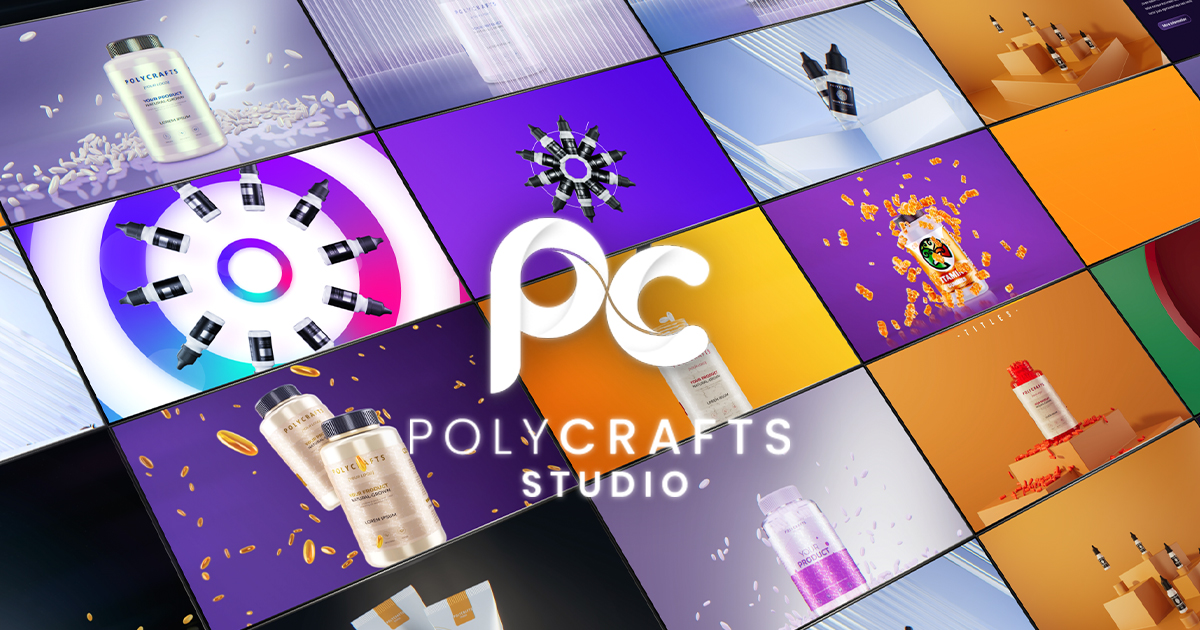 Digital collage displaying diverse cosmetic products in colorful settings with the white Polycrafts Studio logo in the center.
