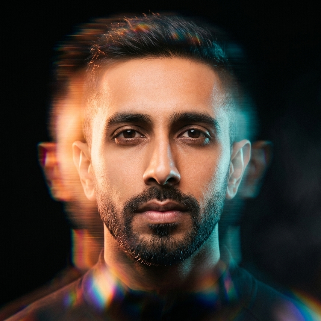 Portrait of a man with short hair and beard with a blurred multicolored motion effect on a black background.