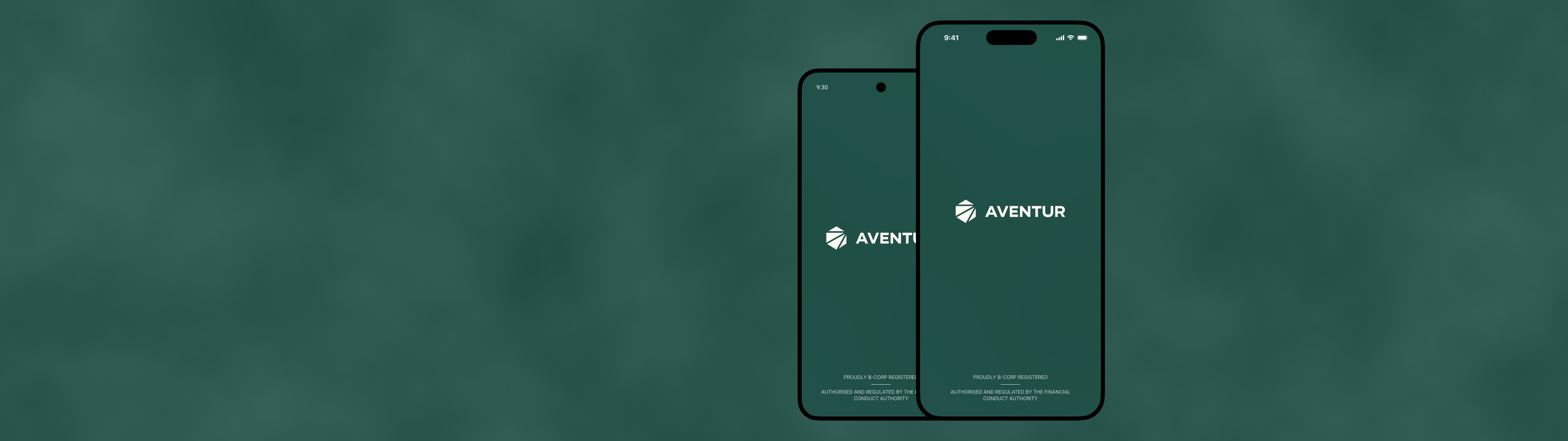 Two smartphones displaying the AVENTUR logo on a dark green smoky background.
