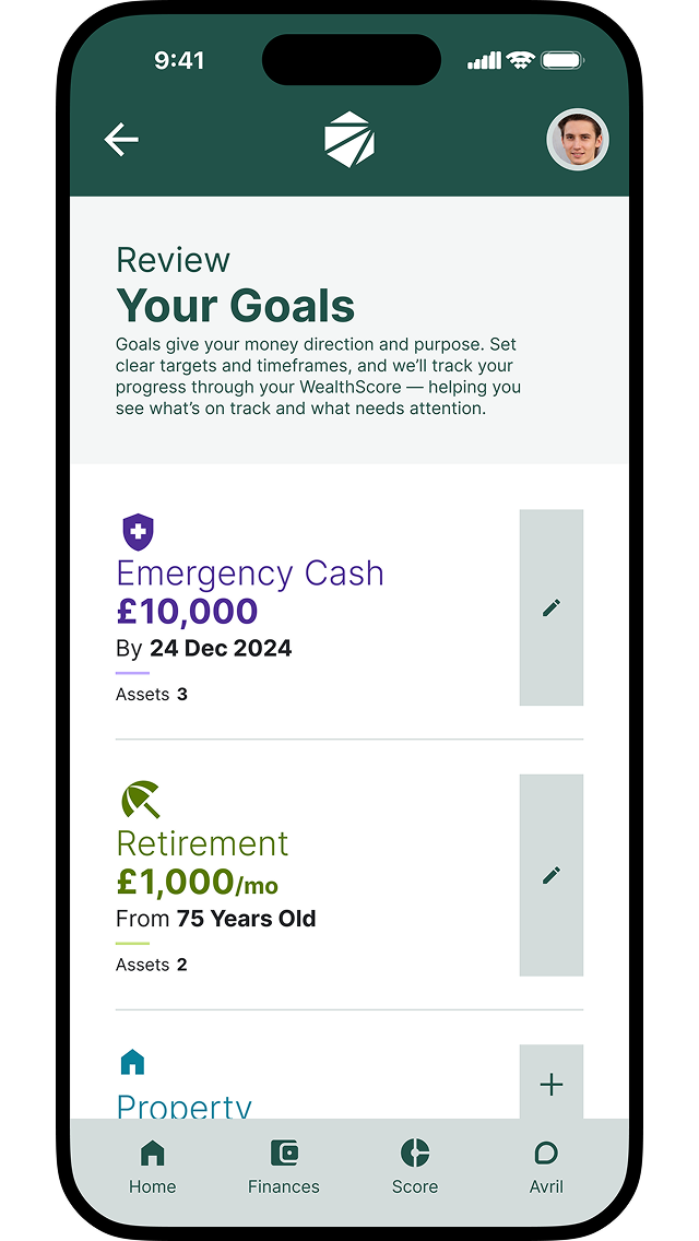 Mobile app screen showing a financial goals review with sections for Emergency Cash £10,000 by Dec 24, 2024, Retirement £1,000 per month from age 75, and part of a Property goal; includes navigation bar with Home, Finances, Score, and profile icons.