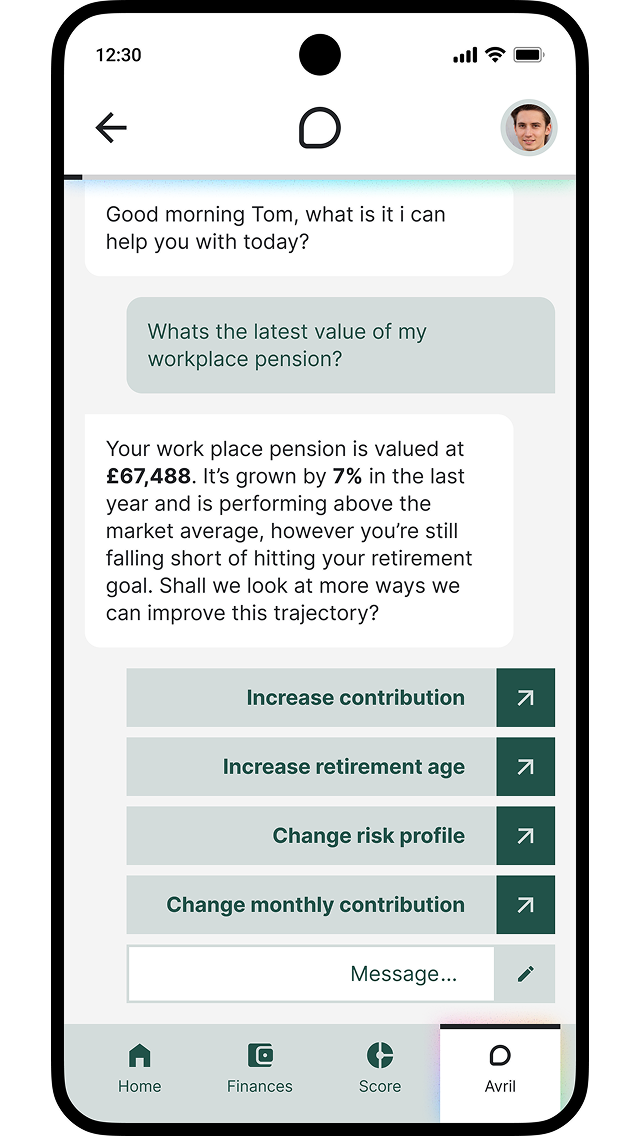 Mobile app screen showing a financial assistant chat where Tom asks about his workplace pension value of £67,488, with options to increase contribution, retirement age, change risk profile, or monthly contribution.