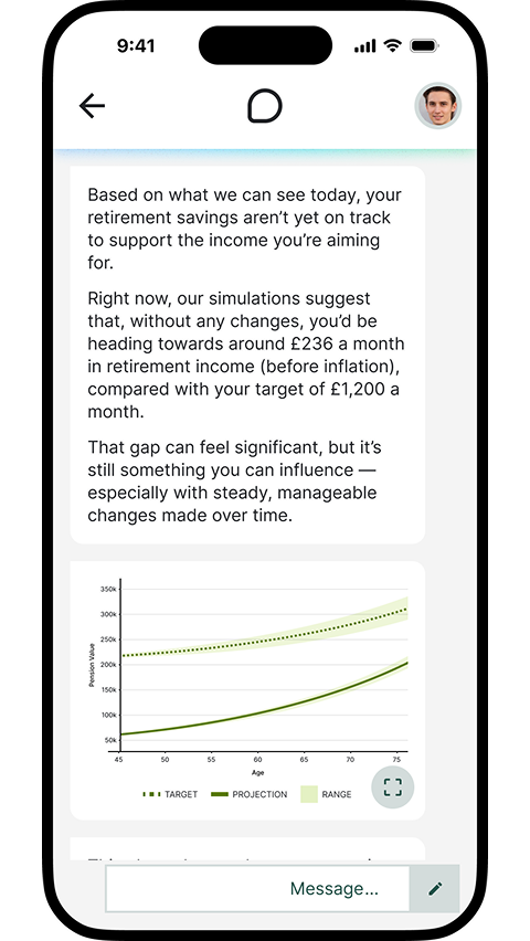Mobile screen displaying a financial app message warning retirement savings are not on track, projecting £236 monthly retirement income versus a £1,200 target, with an accompanying line graph showing pension value projections from age 45 to 75.