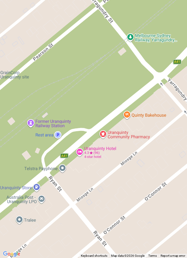 Map showing the location of Uranquinty Community Pharmacy on Morgan Street