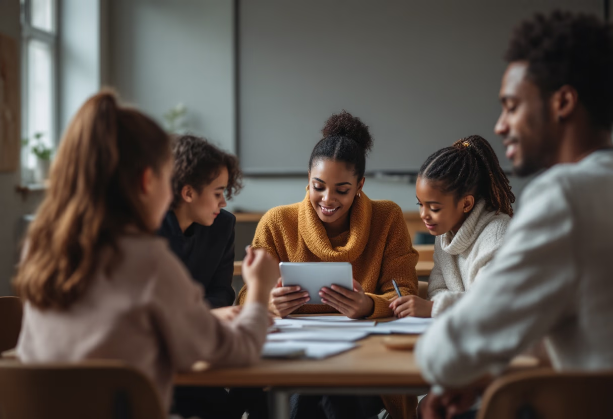 image of a teacher interacting with students using digital tools for an edtech