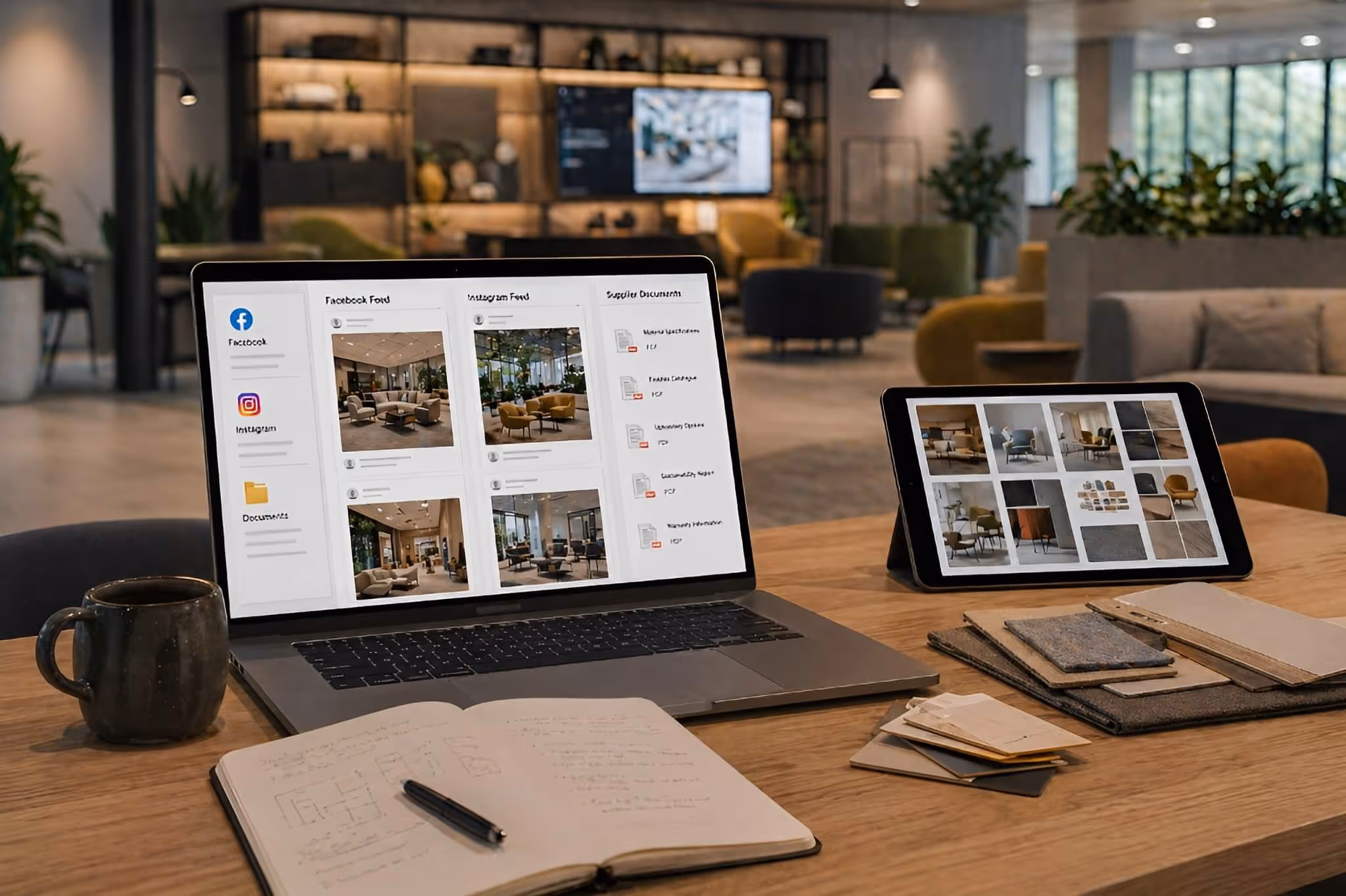 Laptop and tablet on a wooden desk display interior design images, with a notebook, pen, coffee mug, and material samples nearby in a modern office lounge.