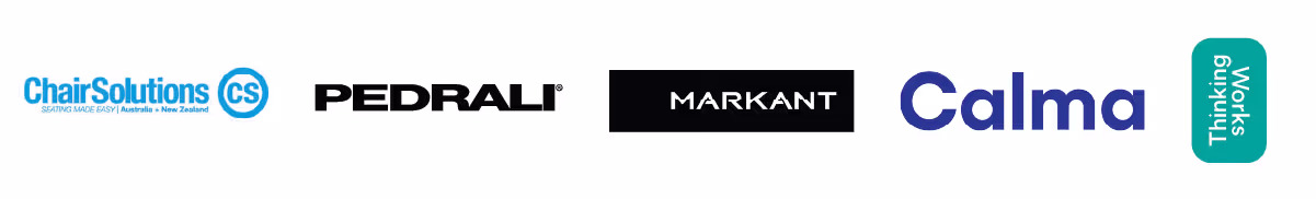 Row of five company logos: Chair Solutions in light blue, Pedrali in black bold capital letters, Markant in white text on black rectangle, Calma in bold blue letters, and a green vertical label with white text saying 'Thinking Works'.