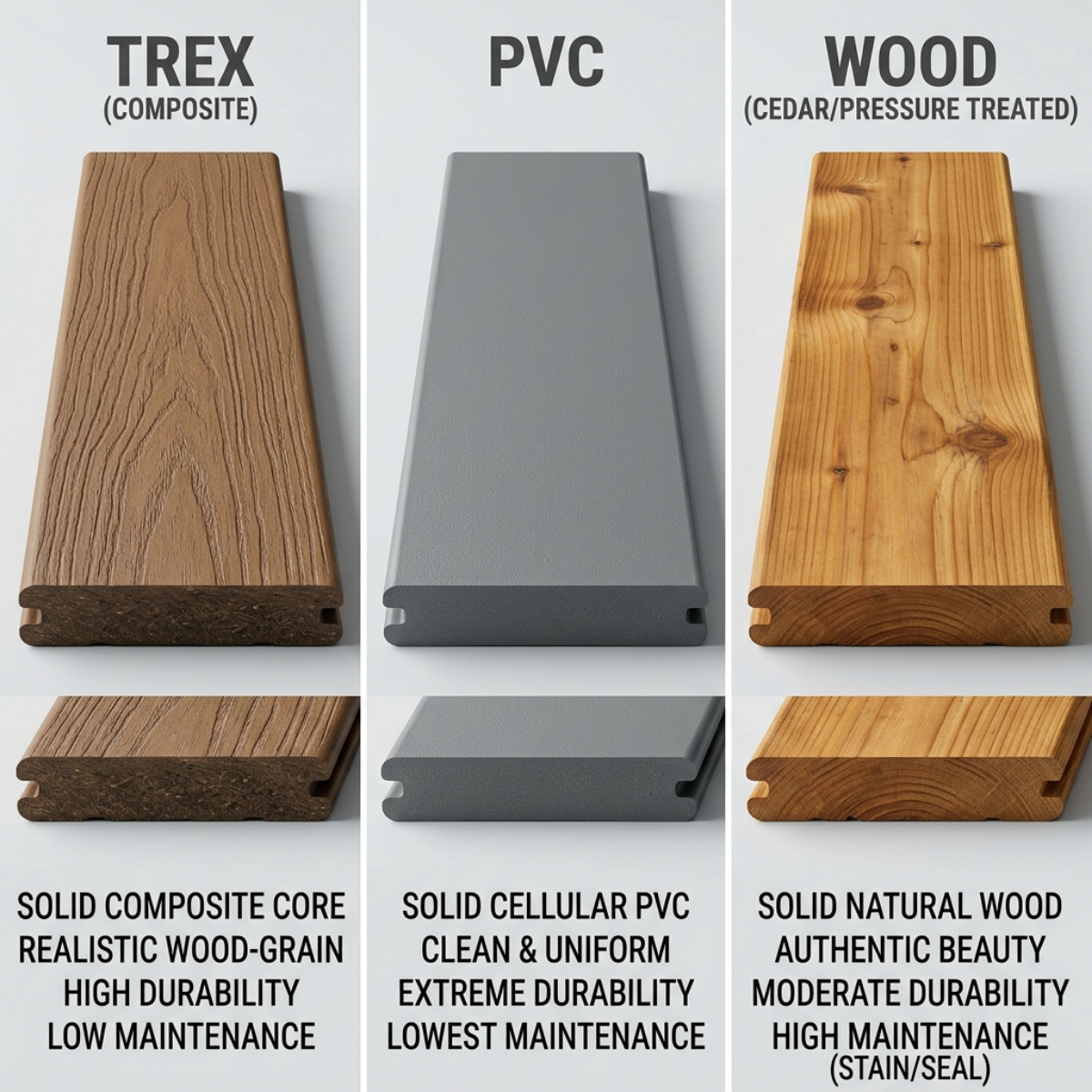 Comparison of three decking materials: TREX composite with solid core and wood-grain texture, PVC with solid cellular core and uniform gray color, and natural cedar/pressure-treated wood with visible grain and knots.