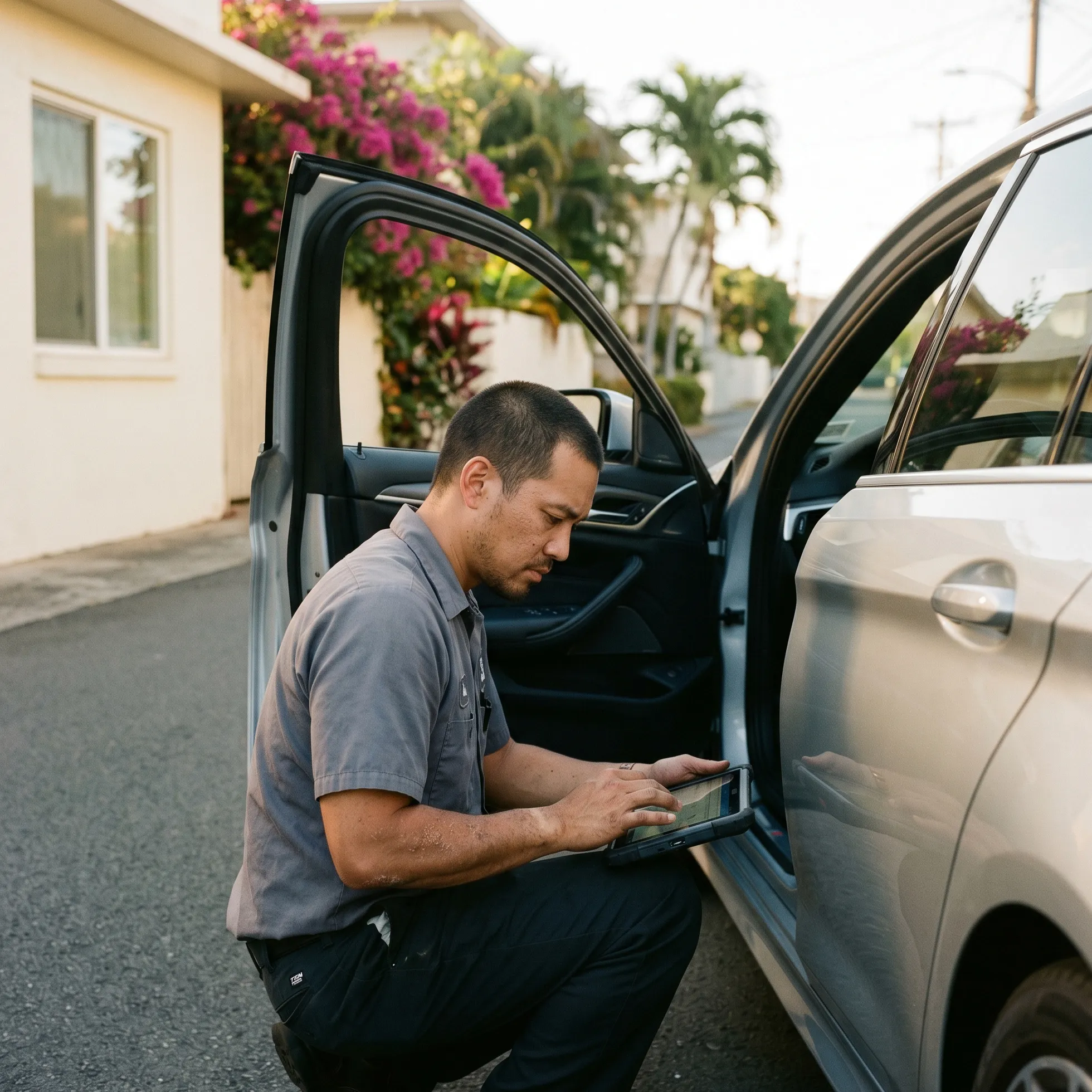 Alt: "Qualified technician servicing a Drive Aloha subscription vehicle at Aloha Auto Depot"