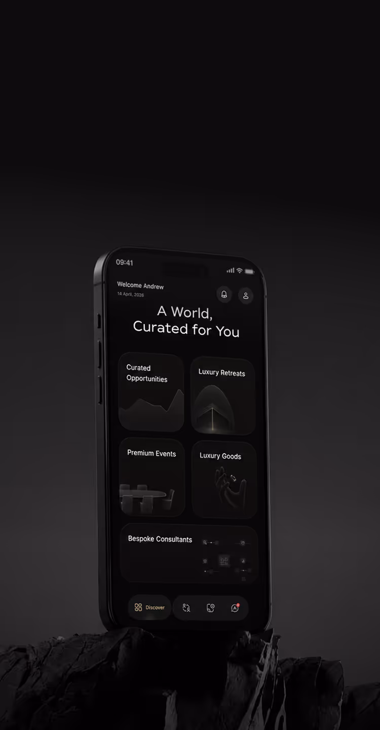 Smartphone screen showing a luxury lifestyle app with curated opportunities, retreats, events, goods, and consultants.