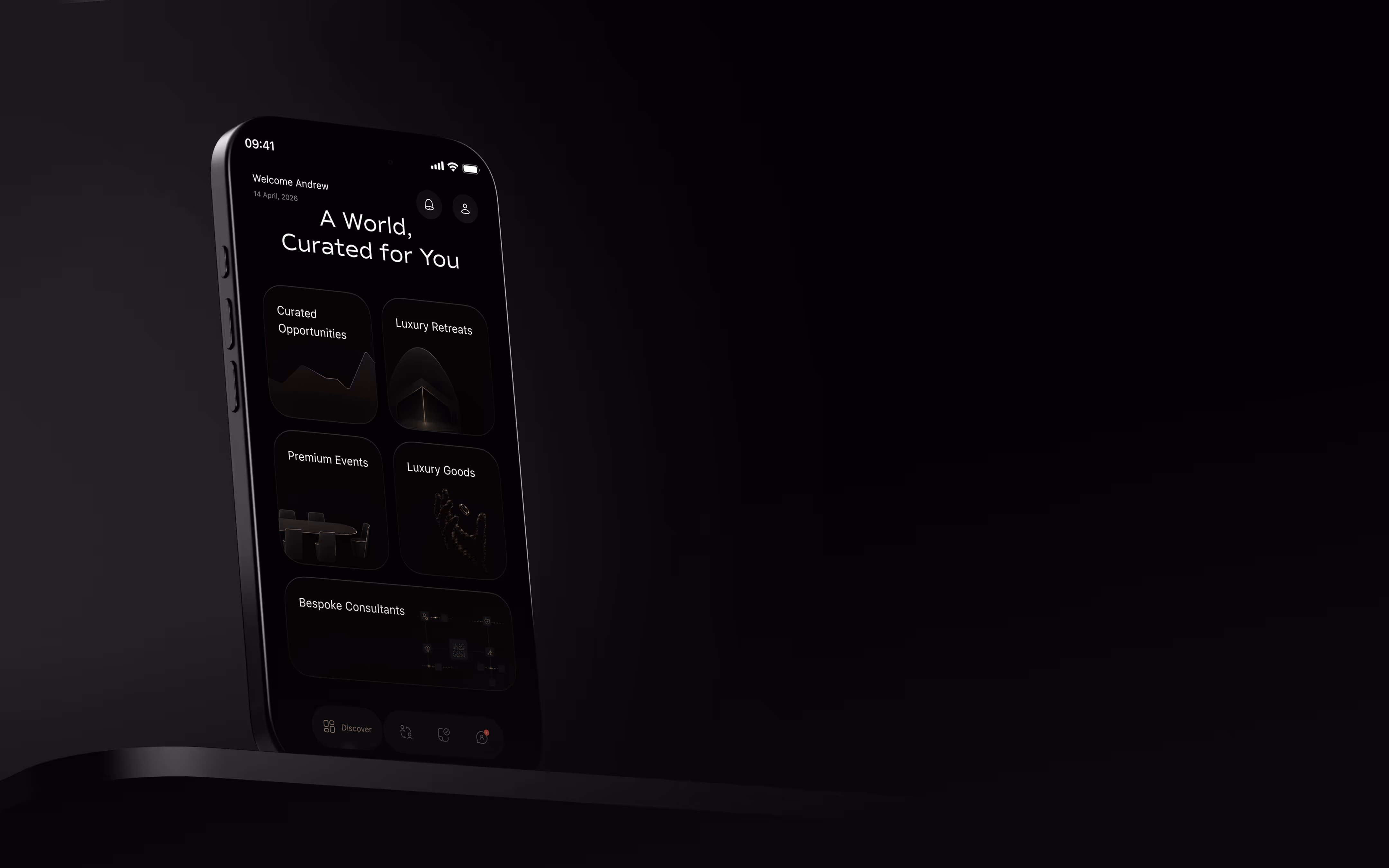 Smartphone displaying a luxury lifestyle app with curated opportunities, retreats, events, and goods.