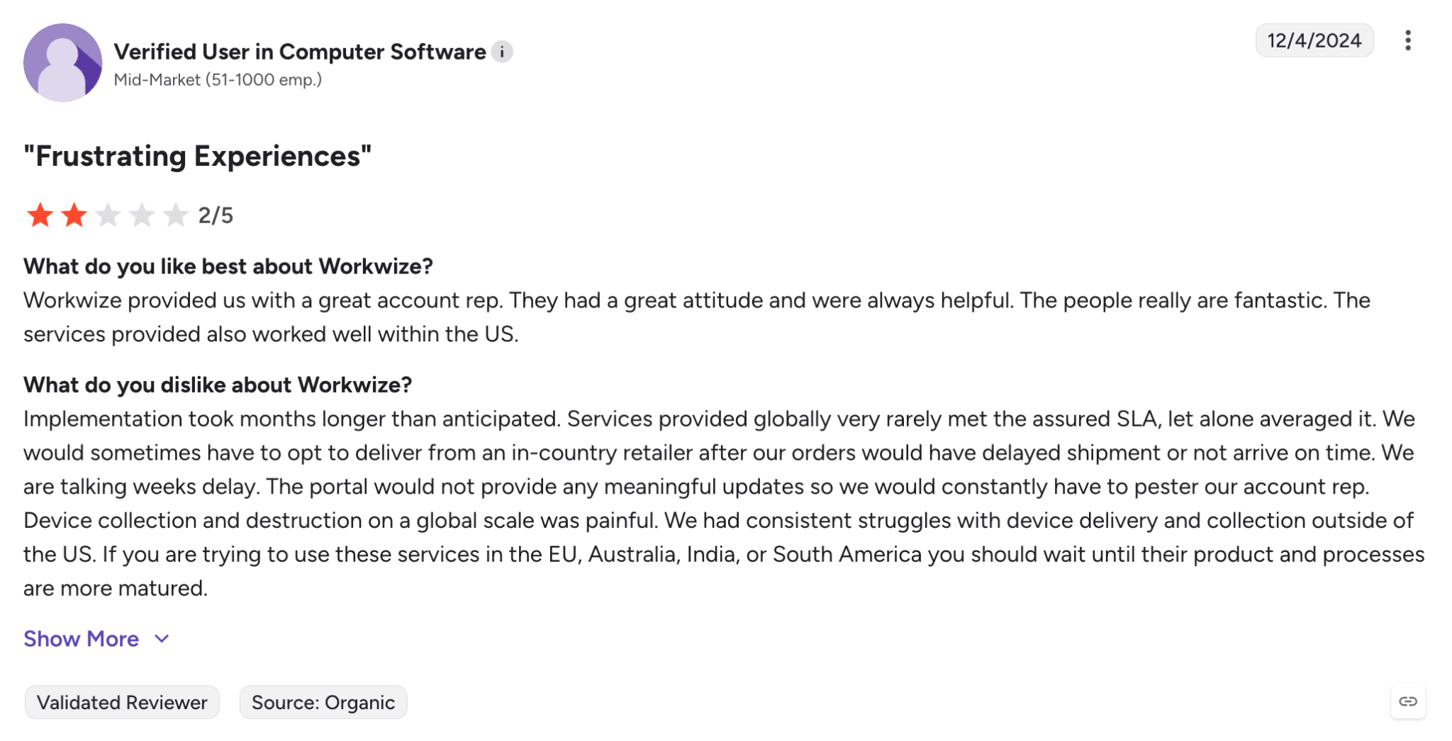 Workwize customer review