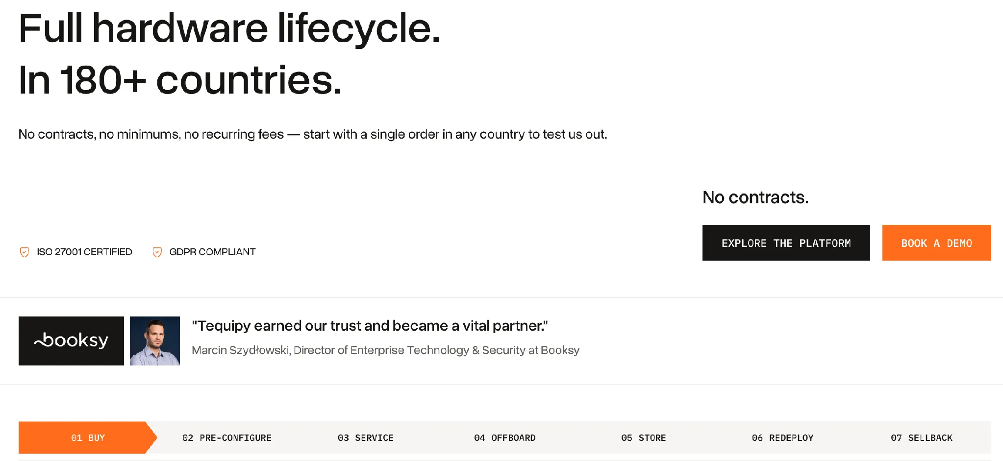 Tequipy homepage, the best overall Firstbase alternative, offering full hardware lifecycle across 180+ countries