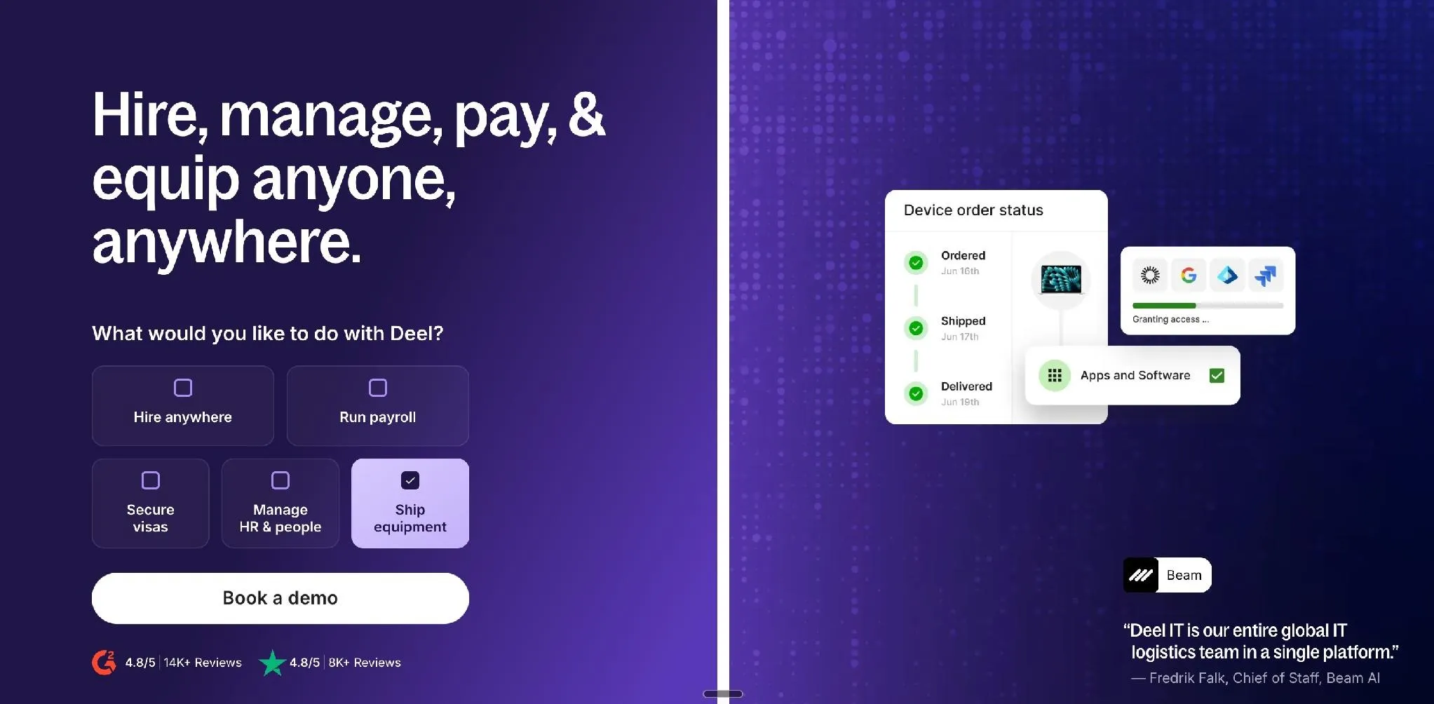 Deel IT homepage, a Firstbase alternative for teams already using Deel for payroll and EOR