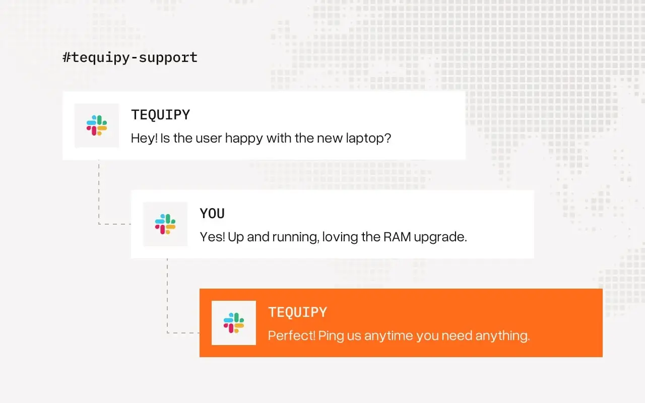 A dedicated Slack support channel with the Tequipy team, part of Tequipy IT procurement software.