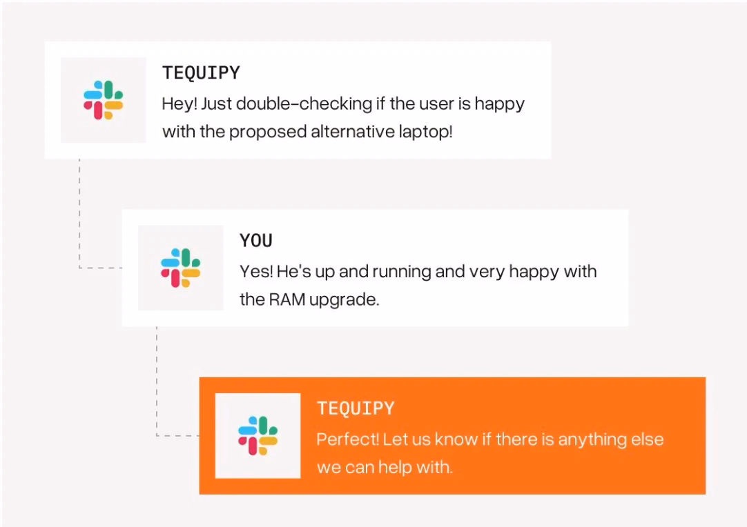 Dedicated Tequipy Slack channel handling a same-day support request