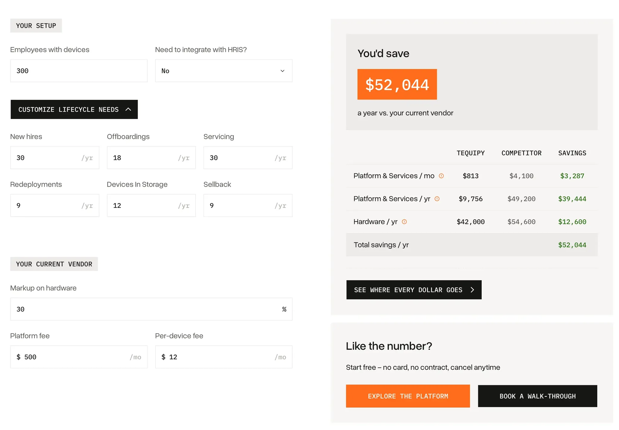 Tequipy pricing calculator with fields for hires, offboardings and vendor fees