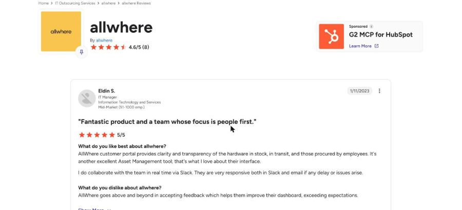 An incentivized G2 review of Allwhere from 2023