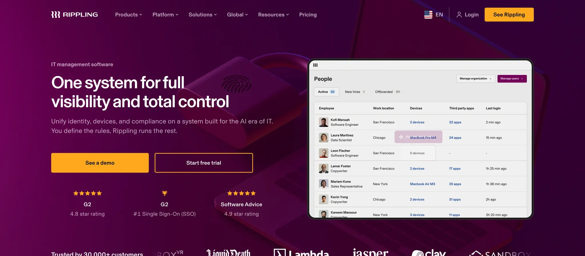 Rippling IT product page showing identity, device and compliance management