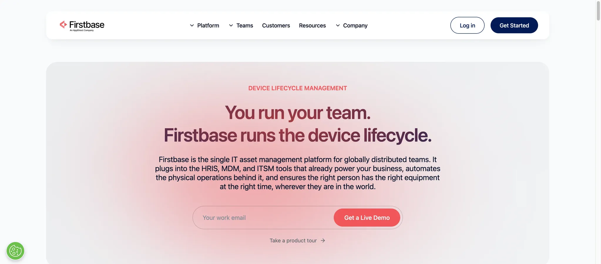 Firstbase homepage with the headline Firstbase runs the device lifecycle