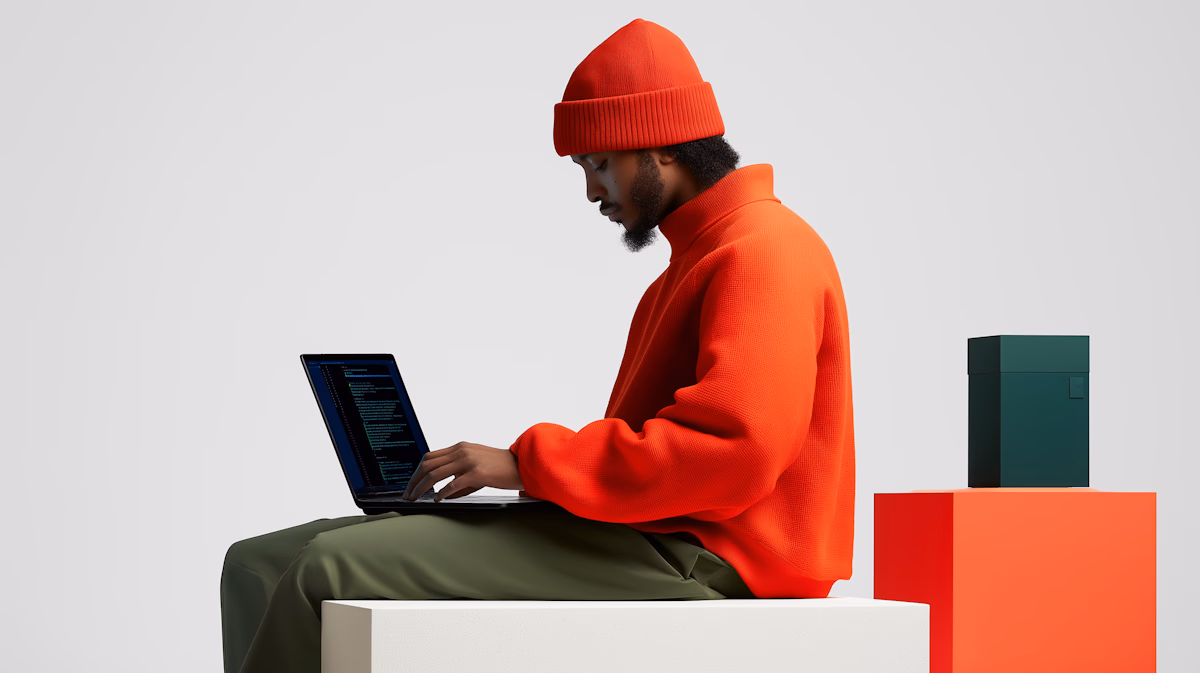 Man in red beanie and sweater working on a laptop while sitting on a white block.