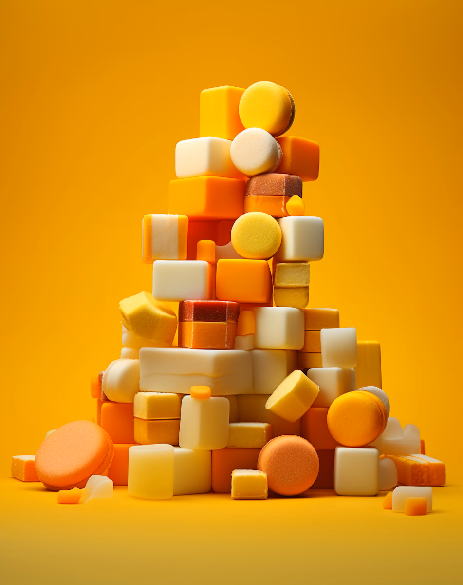 Stacked orange, yellow, and white geometric marshmallows forming a pyramid on a yellow background.