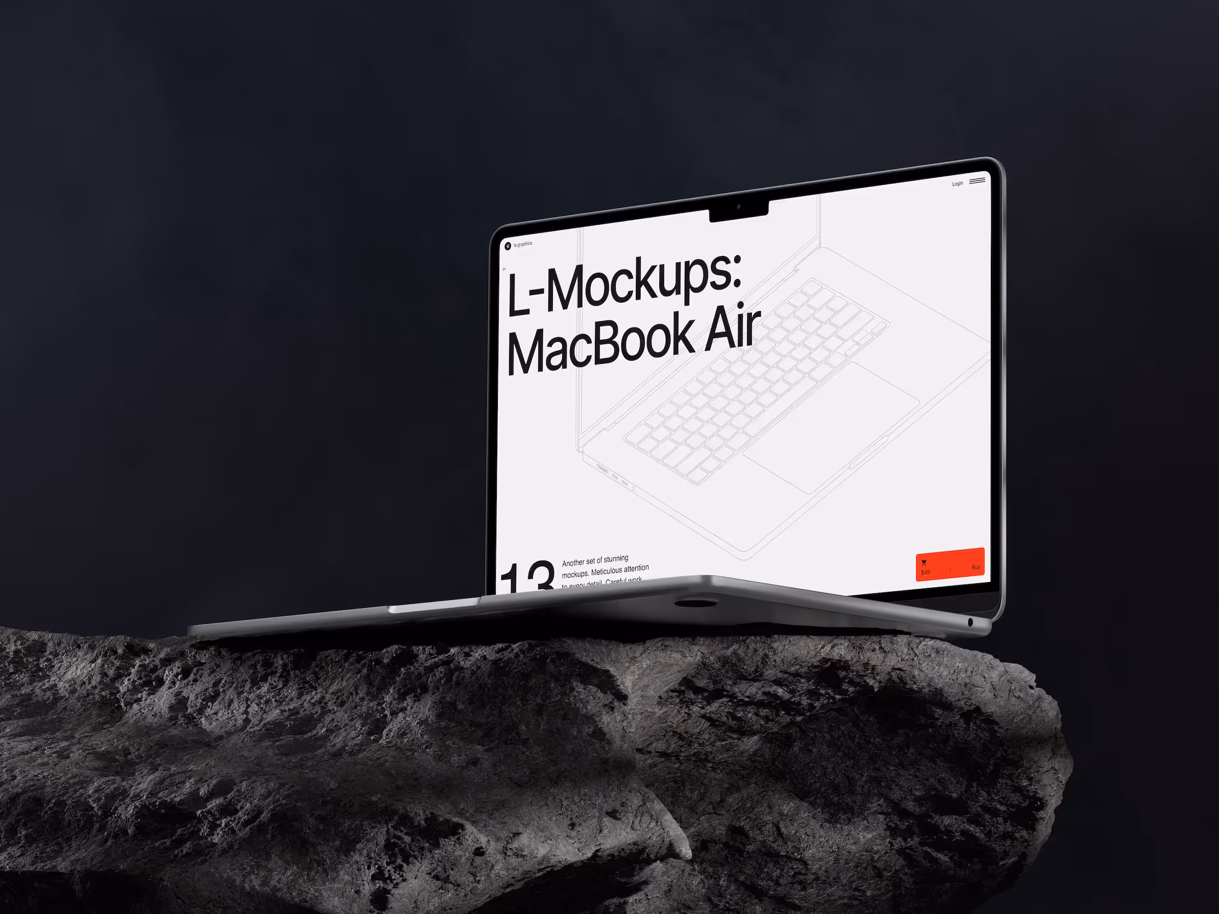 MacBook Air laptop displaying a webpage titled 'L-Mockups: MacBook Air' placed on a rugged rock surface against a dark background.